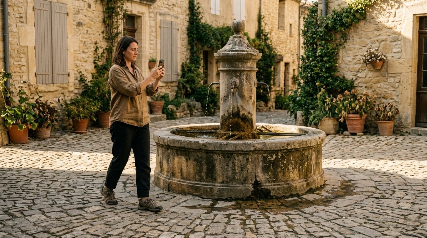Gaussian splatting : une créatrice filme une fontaine en pierre au smartphone en tournant autour pour la reconstruire en 3D
