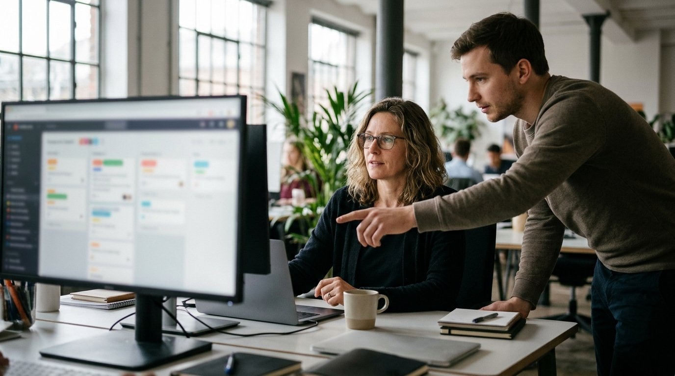 Gemini agent : l'agent de Google qui travaille à votre place 1 Deux collègues devant un écran de suivi de tâches dans un bureau ouvert, illustration de Gemini agent en entreprise