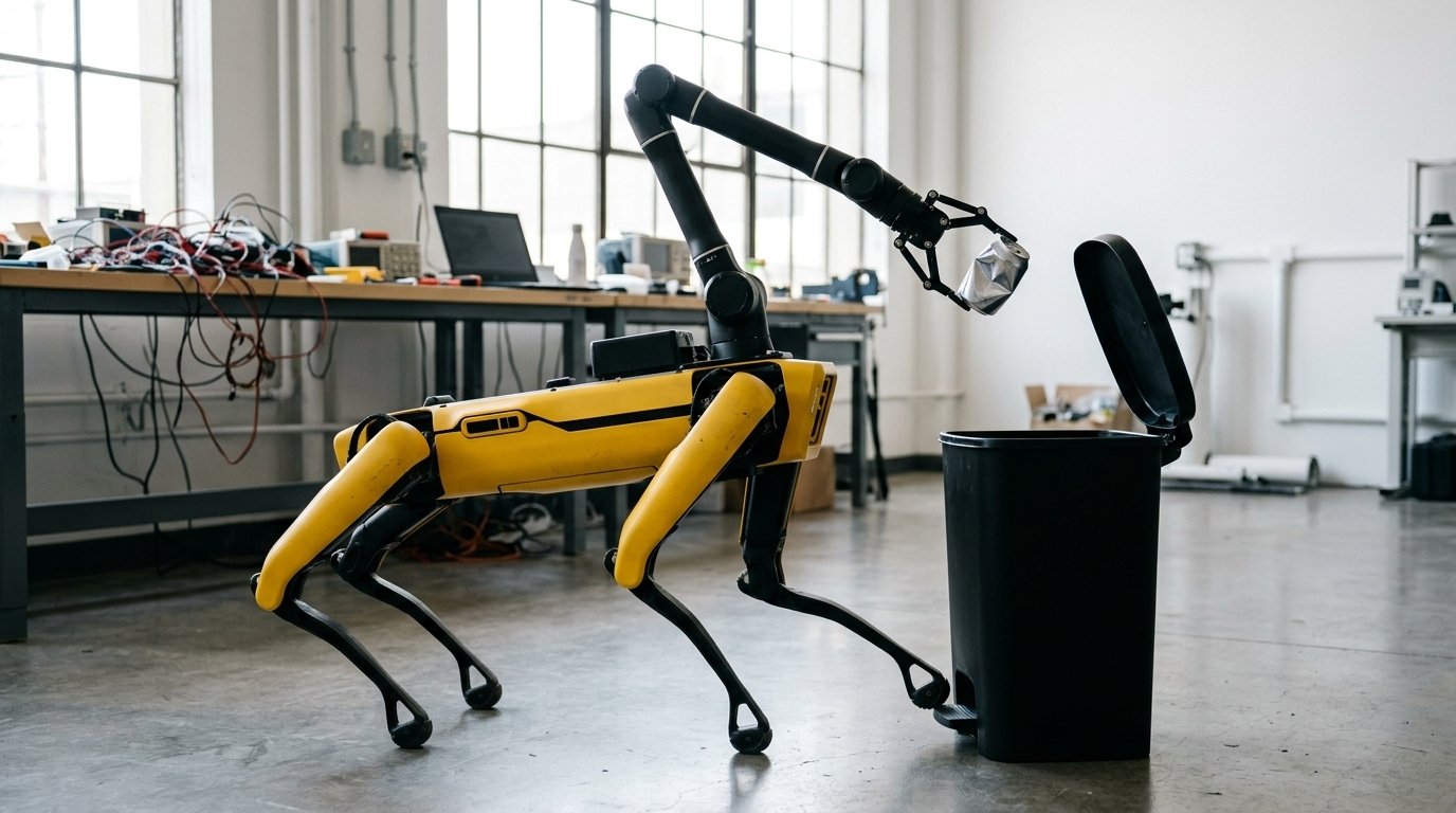 Gemini Robotics : ce que Gemini 4 Argon change pour les robots 1 Robot à quatre pattes équipé d’un bras qui jette une canette dans une poubelle à pédale, illustration des démonstrations robotiques de Google autour de Gemini Robotics et d’Argon