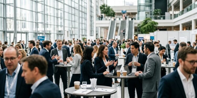 Participants échangeant dans l'espace networking d'une conférence sur l'IA générative