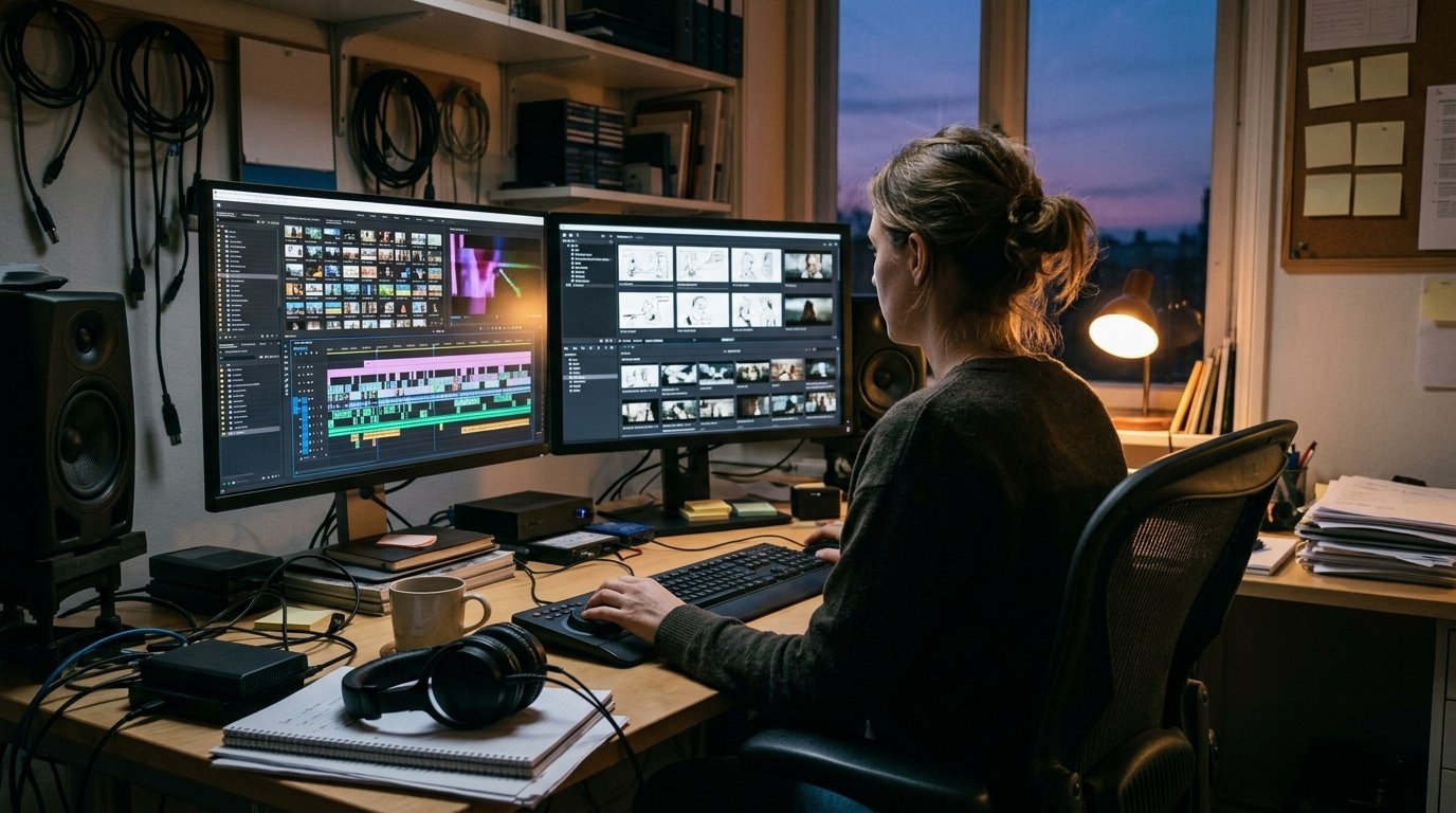 Higgsfield AI : comment monter une vidéo IA de plus de 10 minutes 1 Monteuse devant deux écrans affichant une timeline de vidéo IA longue découpée en dizaines de plans