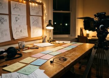 Bureau de production avec storyboard épinglé, caméra sur trépied et fiches de plans alignées pour une vidéo longue