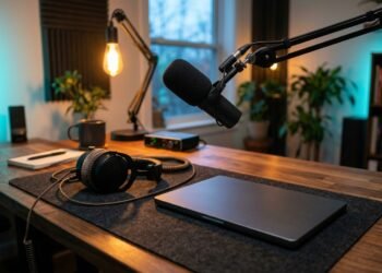 Micro de podcast et casque sur un bureau, symbole du podcast IA personnalisé