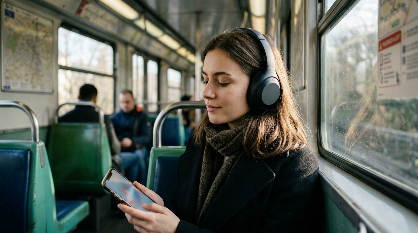 Apple recrute l’équipe de Huxe : le podcast IA personnalisé en ligne de mire 1 Huxe Apple : une personne écoute un podcast IA personnalisé au casque dans le métro