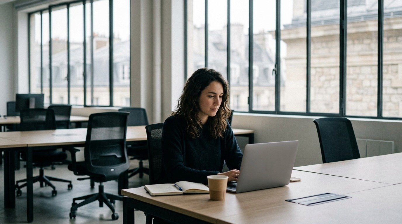 Jeune salariée seule devant son ordinateur dans un open space aux bureaux vides, illustration du dossier IA emploi jeunes
