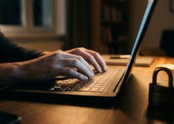 Mains sur le clavier d’un ordinateur portable, cadenas posé sur le bureau : la confidentialité de l’IA en local