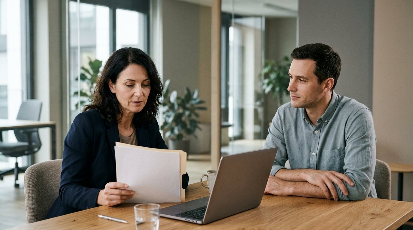 IA et licenciement : l’Italie impose un décideur humain, et la France ? 1 IA et licenciement : une responsable des ressources humaines relit un dossier face à un salarié, un ordinateur portable ouvert sur la table