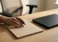 IA et licenciement : l’Italie impose un décideur humain, et la France ? 6 Main tenant un stylo plume posée sur un dossier fermé, à côté d'un ordinateur portable fermé et d'un fauteuil de bureau vide