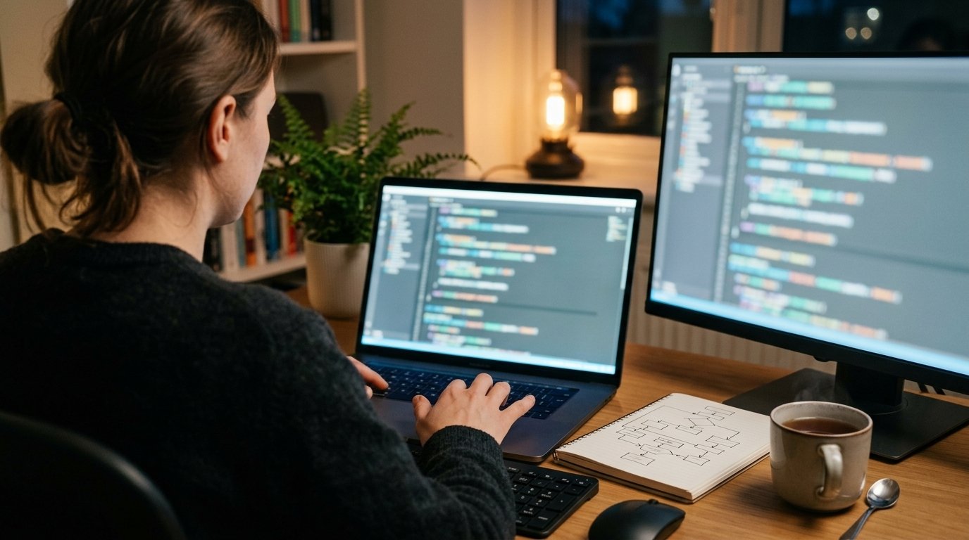 Développeuse qui utilise une IA pour coder en Python sur un ordinateur portable et un second écran, un schéma dessiné sur un carnet à côté