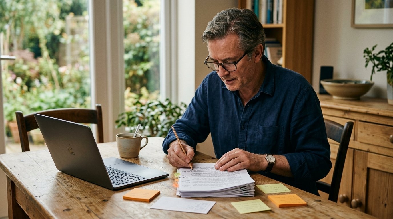 IA pour écrire un livre : un auteur relit et annote au crayon son manuscrit imprimé