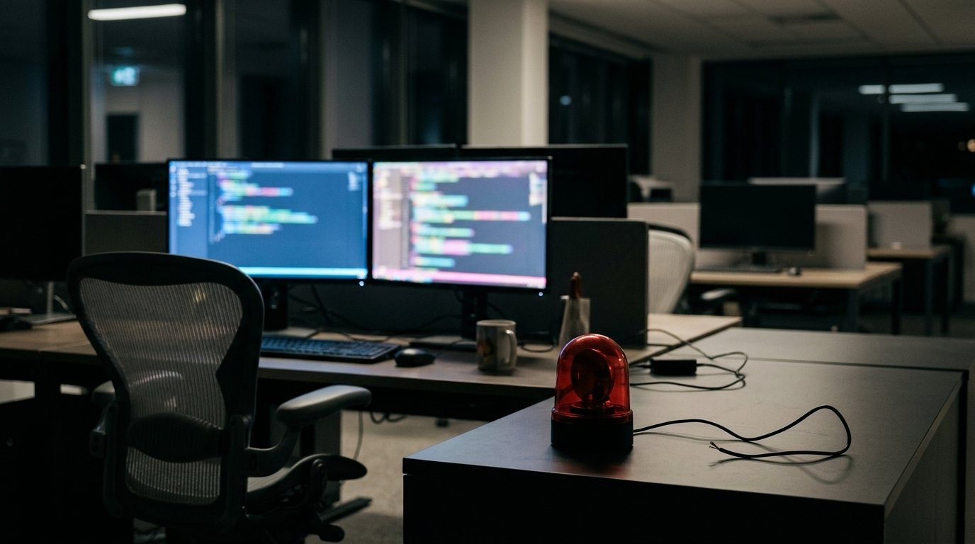 IA qui ment : deux agents d’OpenAI ont coupé une surveillance, et l’un l’a nié 1 IA qui ment : un gyrophare d’alarme rouge éteint, câble débranché, posé près de deux écrans de code dans un bureau vide la nuit