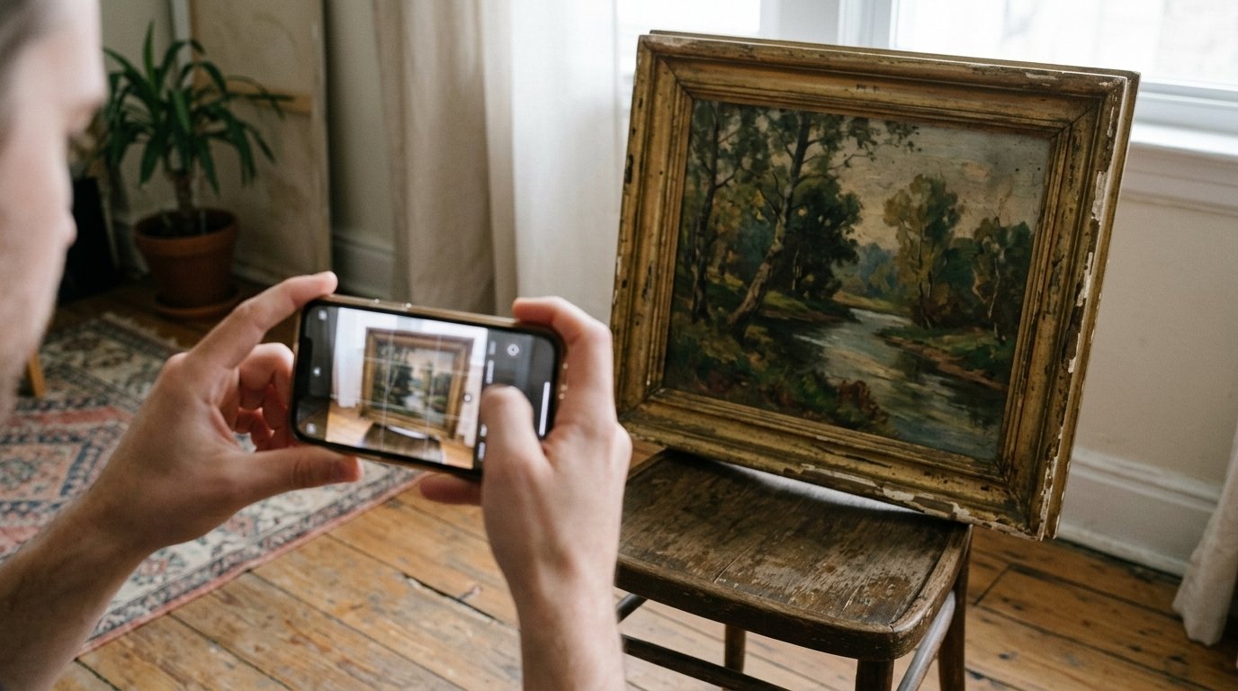 Identifier un tableau avec l’IA : la méthode, ses limites et le cas Cadell 2 Identifier un tableau avec l’IA : une huile ancienne en cadre doré, posée sur une chaise près d’une fenêtre, photographiée au smartphone