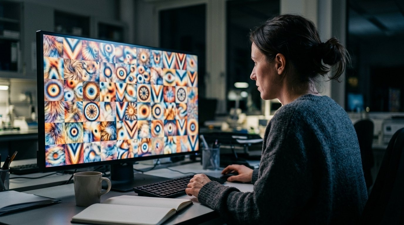 Interprétabilité de l’IA : une chercheuse examine sur un grand écran une grille de visualisations colorées de neurones, dans un laboratoire le soir