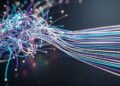 Faisceau de fibres optiques lumineuses emmêlées en nœud à gauche, qui se démêlent en brins parallèles et ordonnés à droite