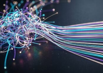 Faisceau de fibres optiques lumineuses emmêlées en nœud à gauche, qui se démêlent en brins parallèles et ordonnés à droite
