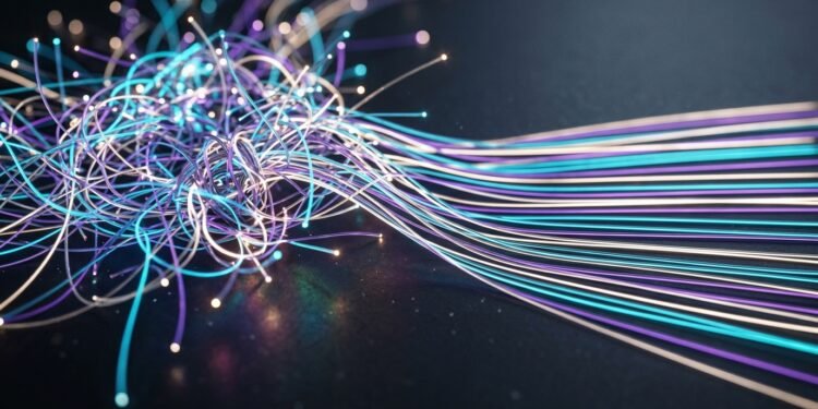 Faisceau de fibres optiques lumineuses emmêlées en nœud à gauche, qui se démêlent en brins parallèles et ordonnés à droite