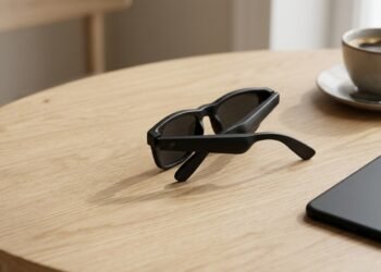 Paire de lunettes connectées noires posée sur une table en bois à côté d’un café et d’un smartphone
