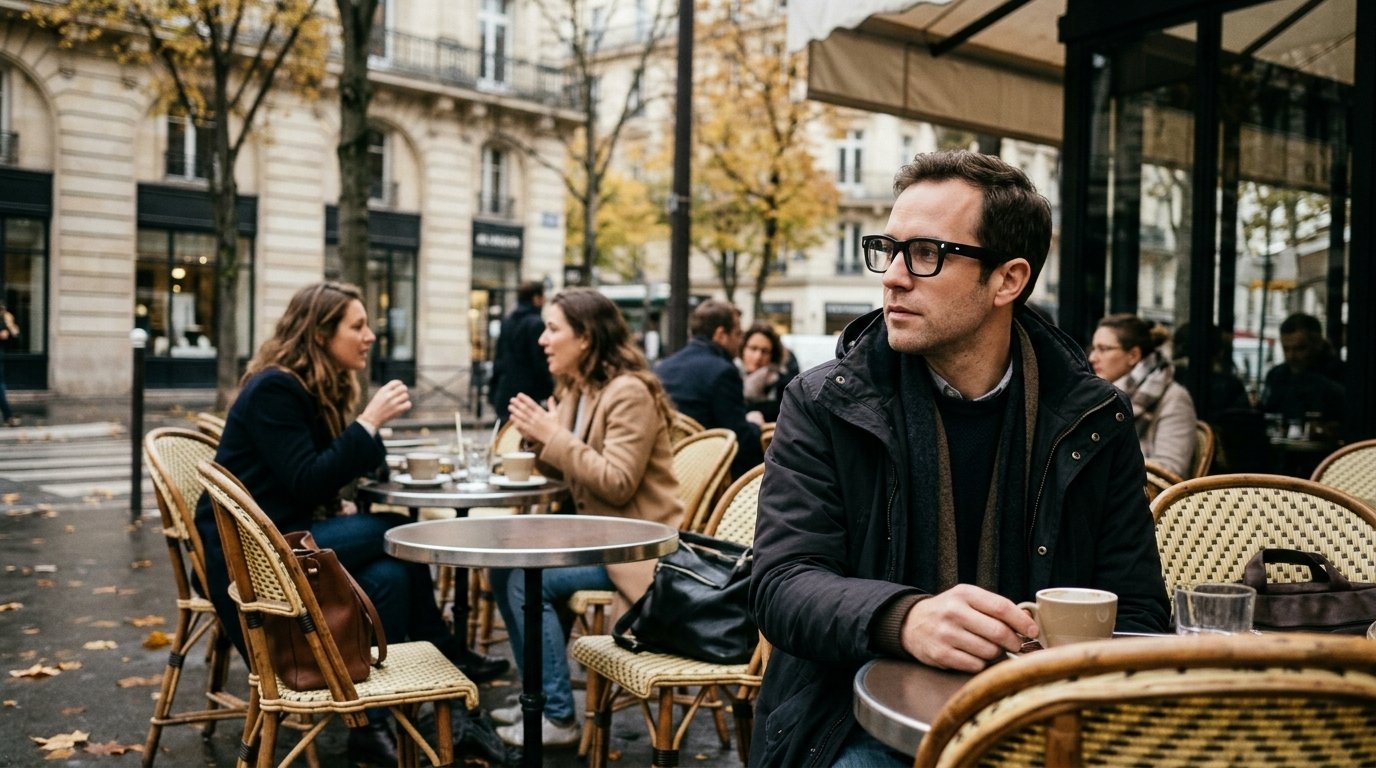 Lunettes connectées et RGPD : ce que le CEPD exige des porteurs et des fabricants 1 Homme portant des lunettes connectées à monture noire sur une terrasse de café, à côté de clients qui discutent