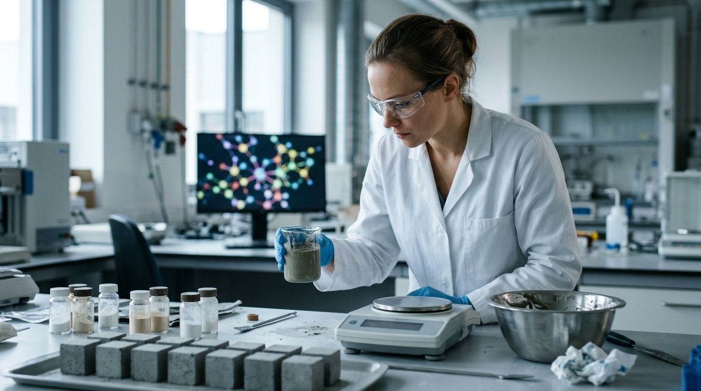 Microsoft Discovery et ciment bas carbone : chercheuse en laboratoire de matériaux avec un bécher de pâte de ciment et des éprouvettes