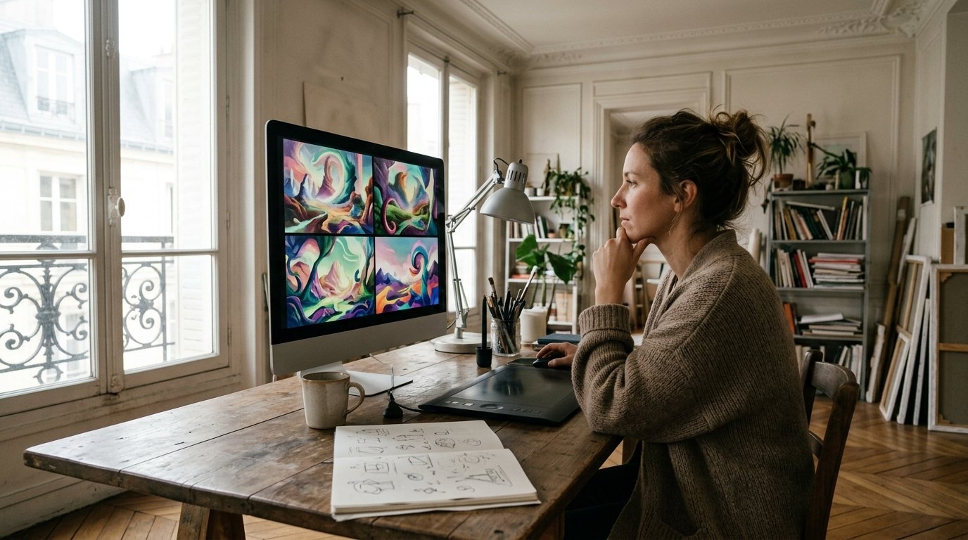Illustratrice qui compare quatre images générées avec le Midjourney Thinking Mode sur son écran
