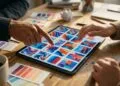 Deux mains parcourent une galerie d’images générées sur une tablette, nuanciers autour