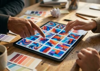 Deux mains parcourent une galerie d’images générées sur une tablette, nuanciers autour