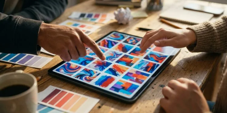 Deux mains parcourent une galerie d’images générées sur une tablette, nuanciers autour