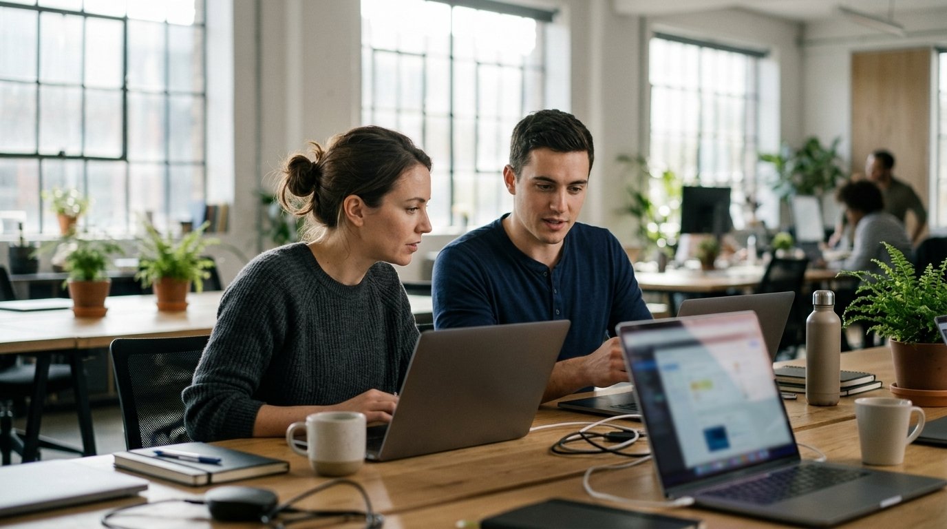 Mistral AI vs OpenAI : modèles, prix de l’API et données, que choisir en 2026 ? 1 Deux développeurs comparent les réponses de deux assistants d’intelligence artificielle sur leurs écrans dans un bureau lumineux