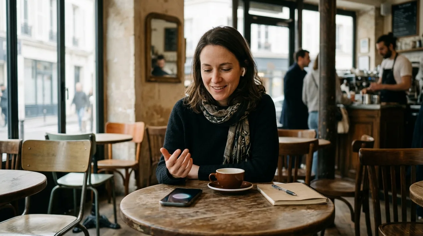 Mode vocal ChatGPT : une femme parle à son smartphone posé sur une table, écouteurs sans fil aux oreilles