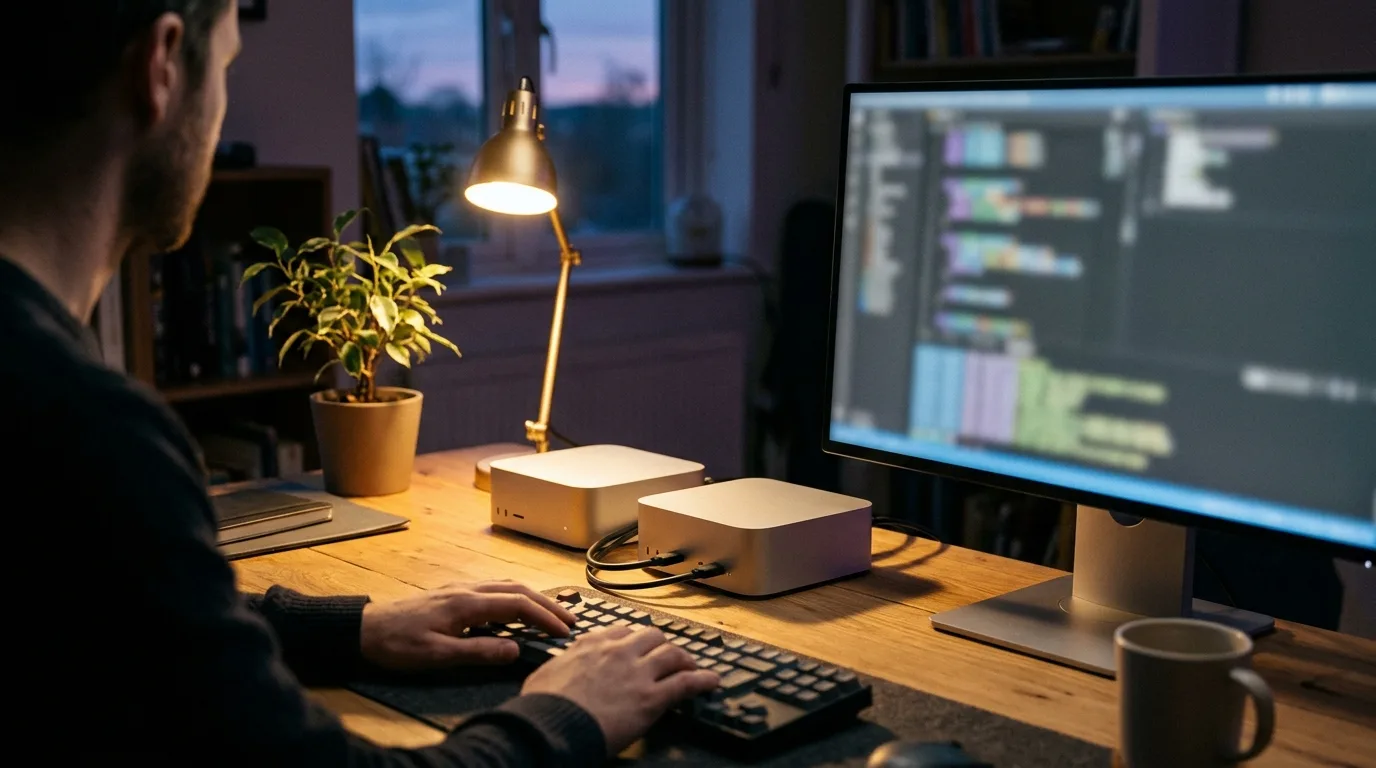 Muse Spark Open en local : deux ordinateurs compacts reliés par câble sur le bureau d’un développeur