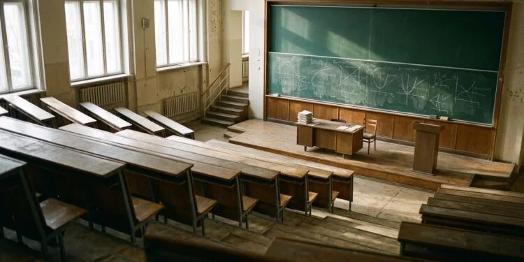 Amphithéâtre de mathématiques vide, tableau couvert de courbes et de figures à la craie