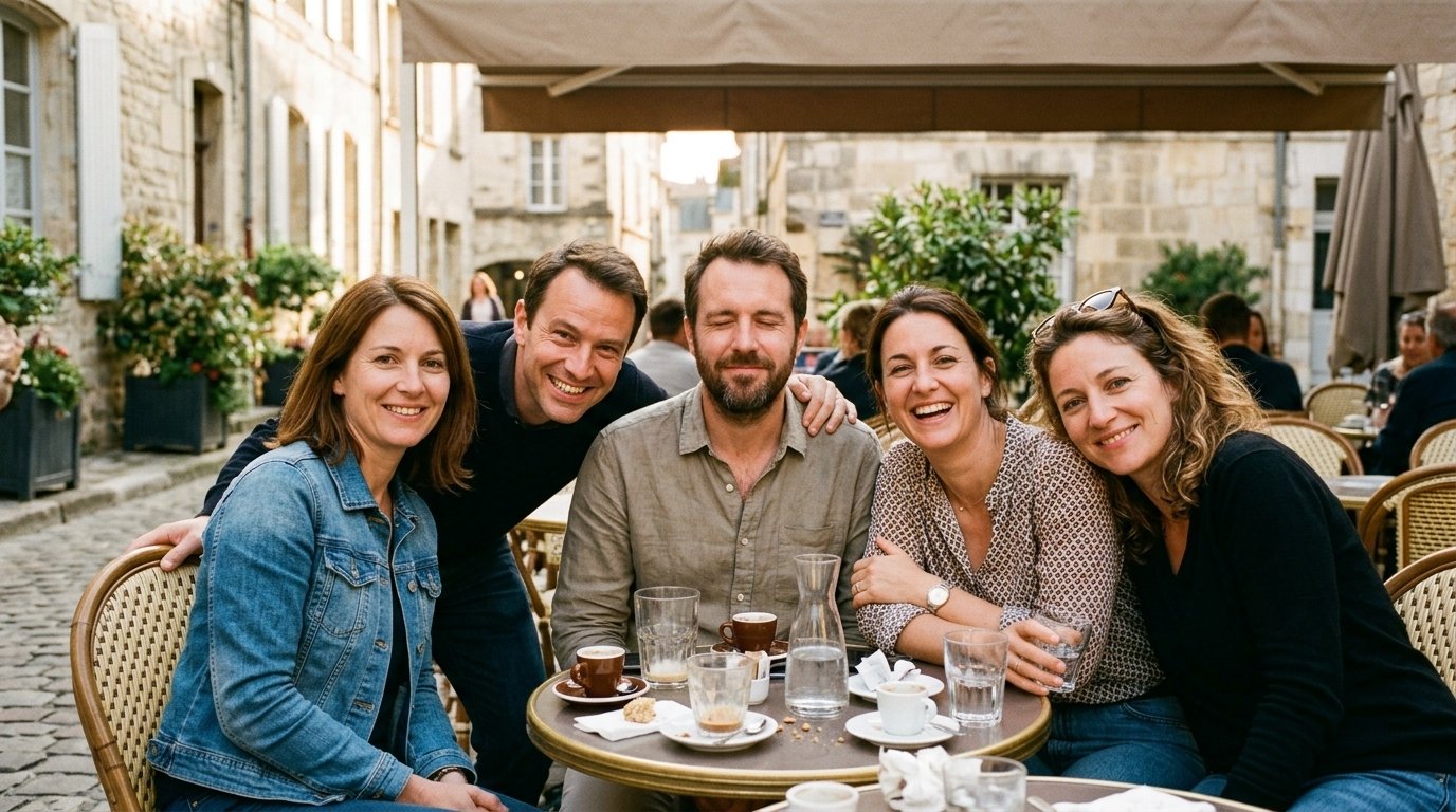 Ouvrir les yeux sur une photo : la retouche IA de Lightroom mobile, gratuite deux fois 1 Photo de groupe en terrasse où un homme a les yeux fermés, le cas typique pour ouvrir les yeux sur une photo avec l’IA