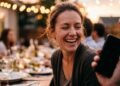Femme qui rit les yeux fermés lors d’un dîner entre amis en plein air, le genre de photo qu’on voudrait rattraper