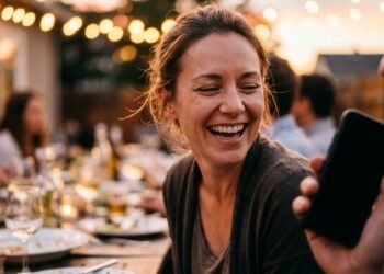 Femme qui rit les yeux fermés lors d’un dîner entre amis en plein air, le genre de photo qu’on voudrait rattraper