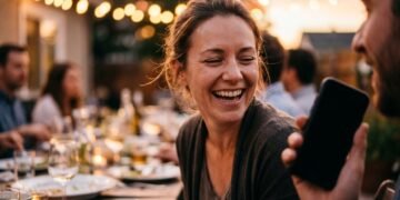 Femme qui rit les yeux fermés lors d’un dîner entre amis en plein air, le genre de photo qu’on voudrait rattraper