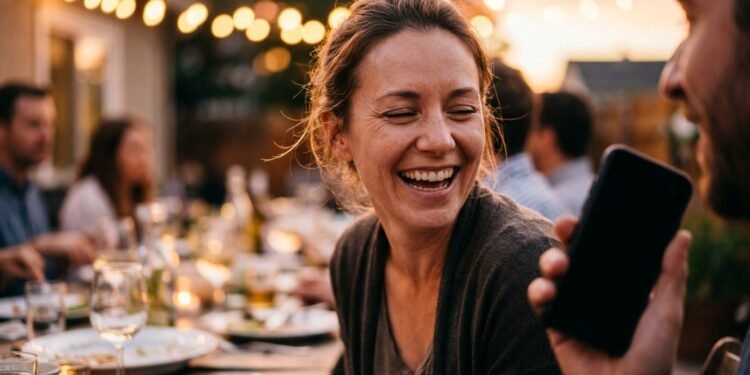 Femme qui rit les yeux fermés lors d’un dîner entre amis en plein air, le genre de photo qu’on voudrait rattraper