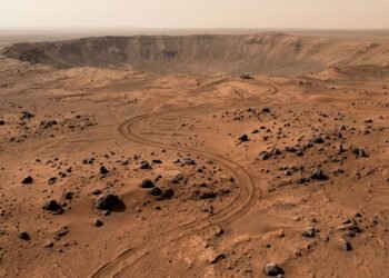 Traces de roues d’un rover serpentant entre les rochers vers le bord d’un cratère martien (illustration IA)
