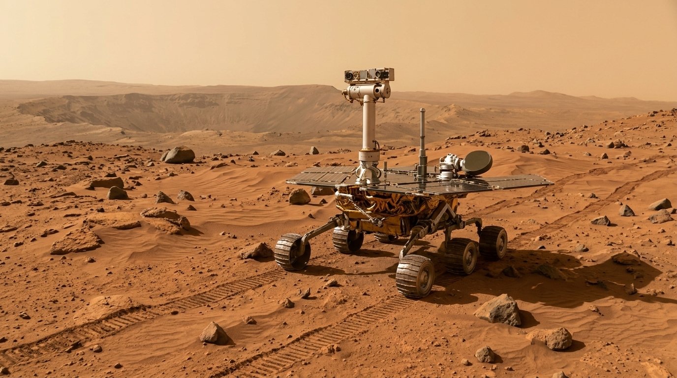 Perseverance : comment le rover martien conduit seul et bat des records 1 Illustration d’un rover à six roues sur un sol martien rocailleux, traces de roues derrière lui