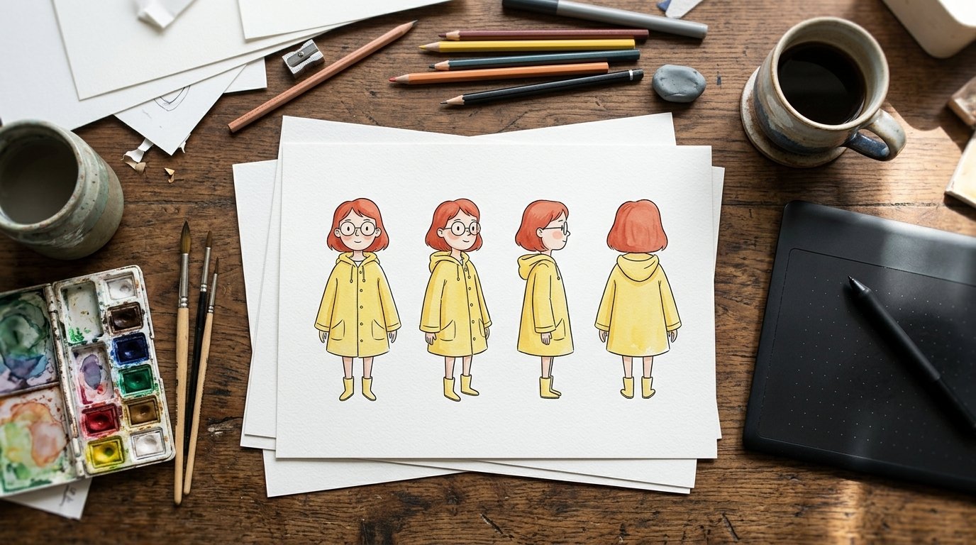 Créer un personnage cohérent avec l’IA, d’une image à l’autre 1 Planche de recherche d’un personnage cohérent IA : la même héroïne rousse en ciré jaune, de face, de trois quarts, de profil et de dos