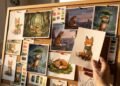 Tableau de liège couvert d’illustrations du même petit renard à écharpe verte dans plusieurs scènes, une main en compare une nouvelle