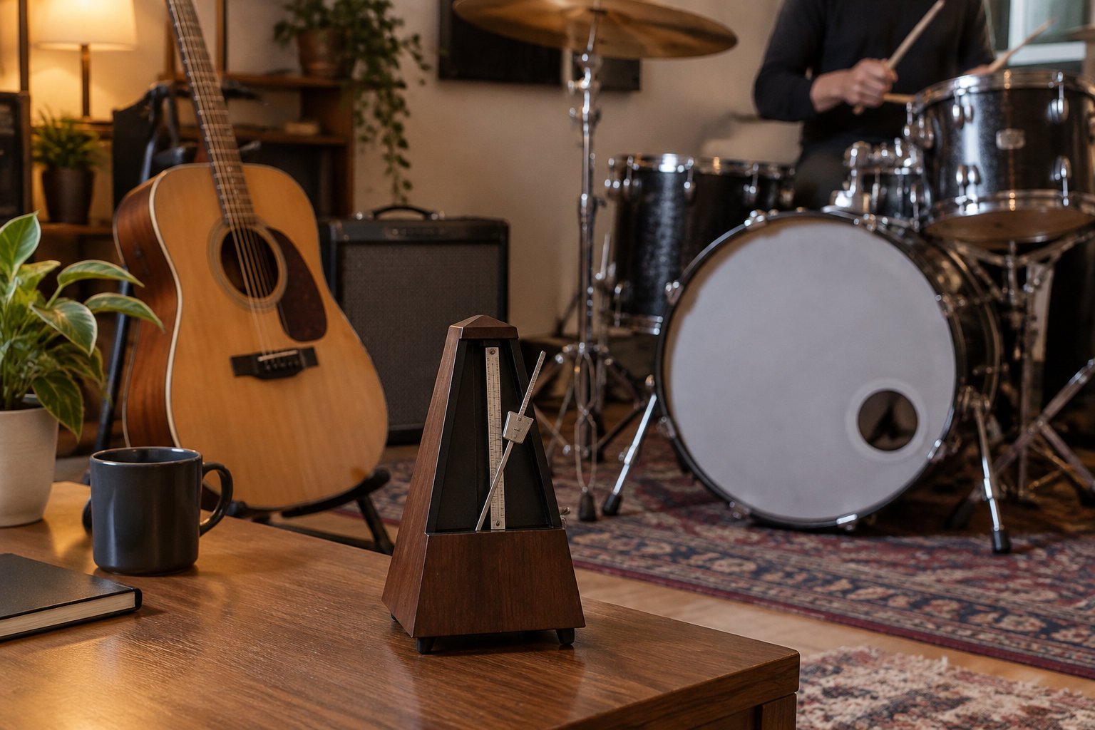 Transformer un texte en musique avec l’IA : du poème à la chanson 2 Métronome posé devant une guitare acoustique et une batterie : le tempo se fixe avant de mettre un texte en musique