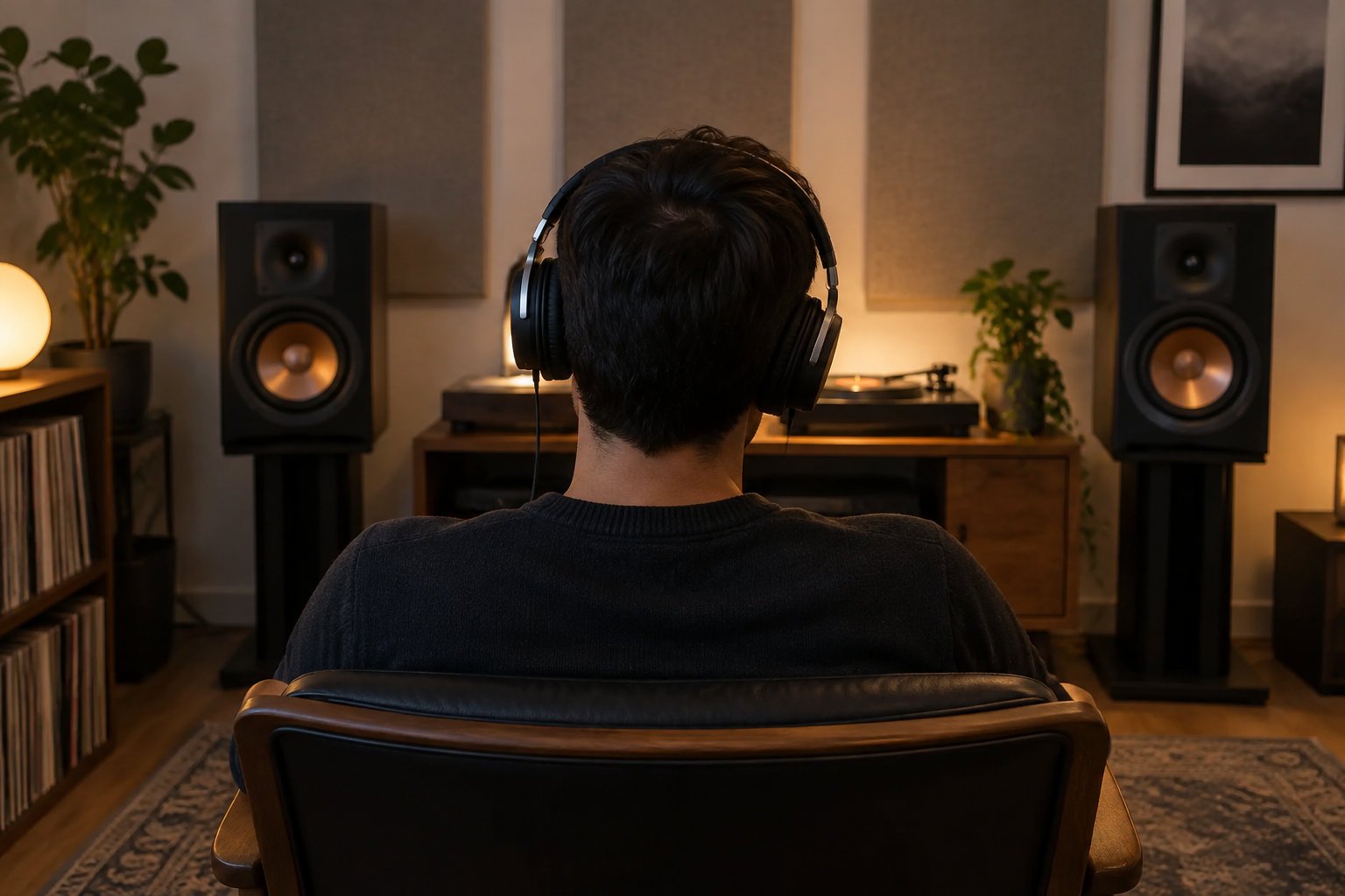 Transformer un texte en musique avec l’IA : du poème à la chanson 3 Homme au casque assis de dos devant une chaîne hi-fi : l’écoute attentive des versions d’un texte en chanson généré par IA