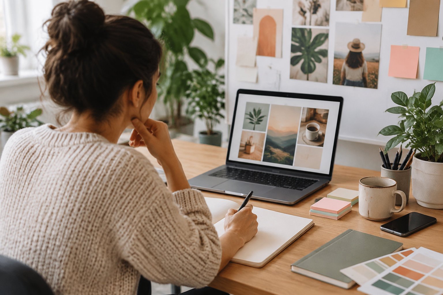 IA pour copywriting : écrire vos textes marketing sans perdre la main 1 Rédactrice qui prépare le brief d’une campagne dans un carnet, devant un ordinateur portable et des visuels épinglés au mur