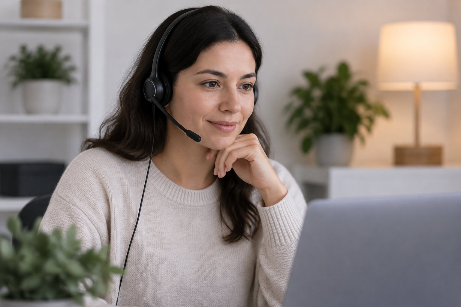 Conseillère de support client avec un casque devant son ordinateur, épaulée par un agent IA de service client