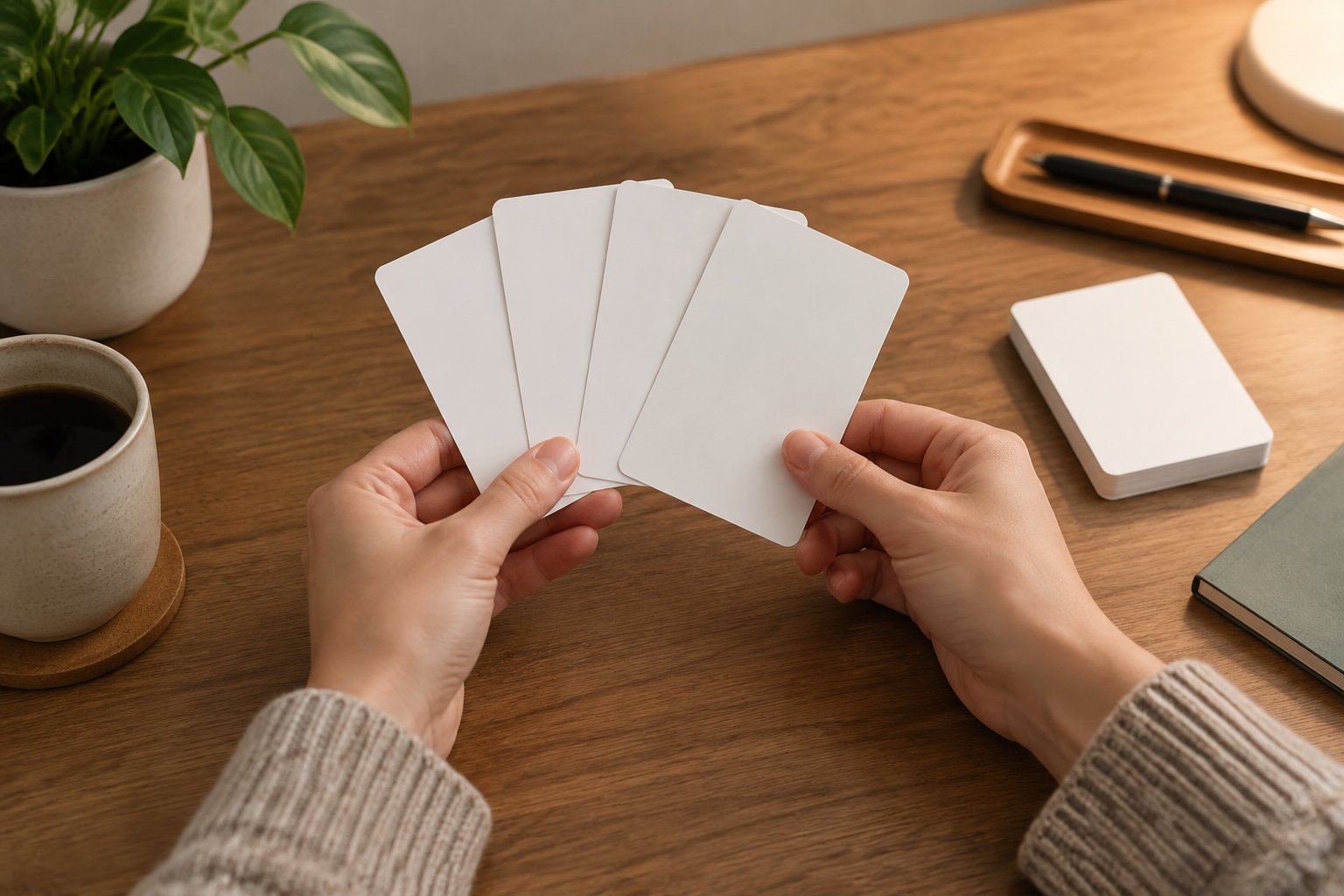 IA pour copywriting : écrire vos textes marketing sans perdre la main 3 Deux mains tiennent quatre cartes blanches en éventail au-dessus d’un bureau en bois, comme quatre variantes d’un même message