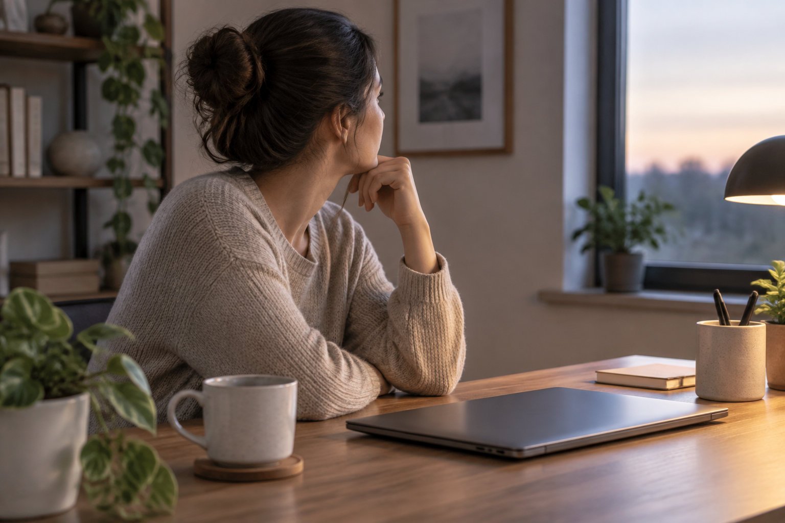 Autrice pensive à son bureau, ordinateur fermé, avant de rédiger le brief de son livre