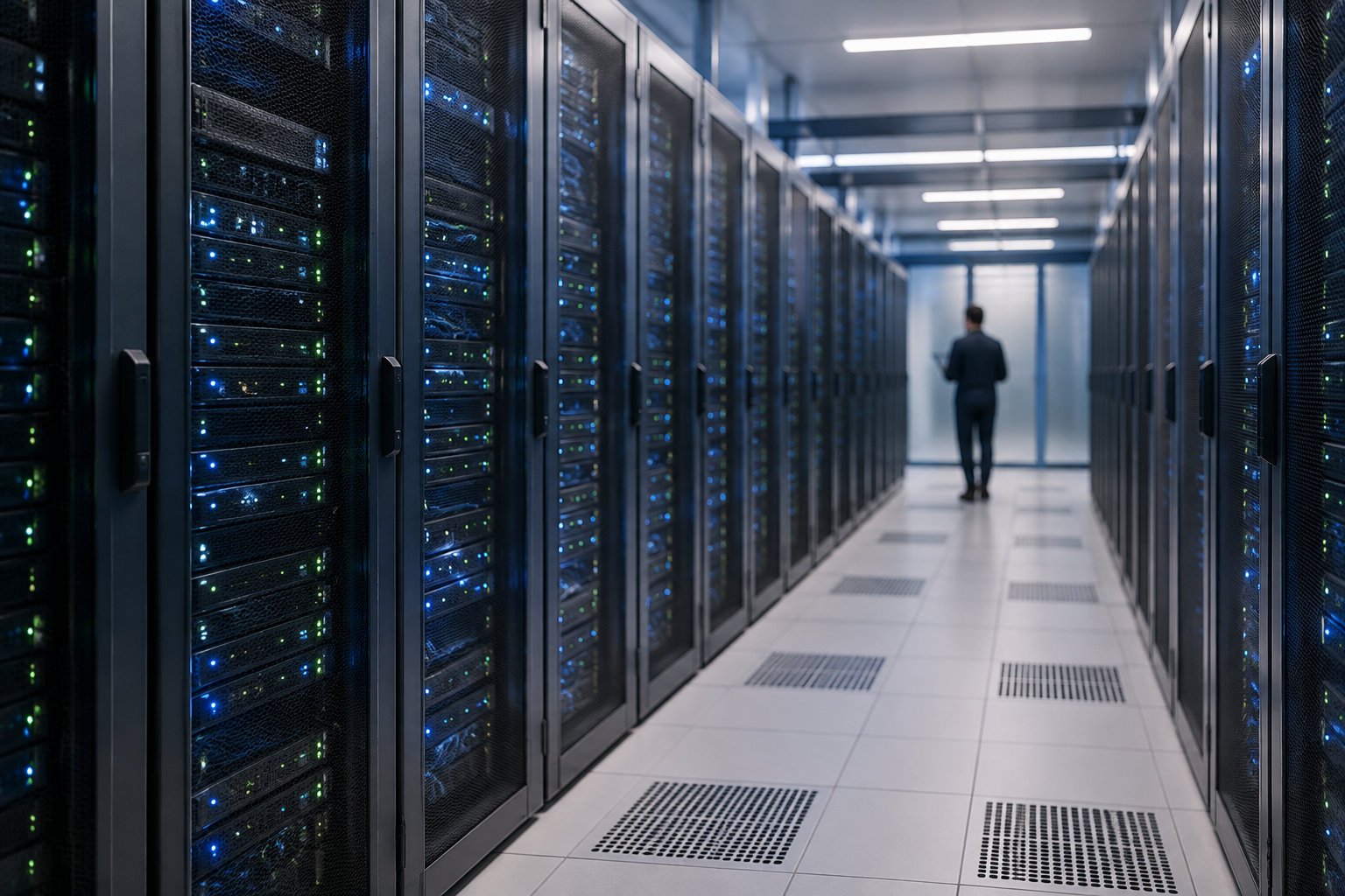 Mistral AI vs OpenAI : modèles, prix de l’API et données, que choisir en 2026 ? 3 Un homme marche dans une allée bordée de baies de serveurs éclairées par des voyants bleus et verts