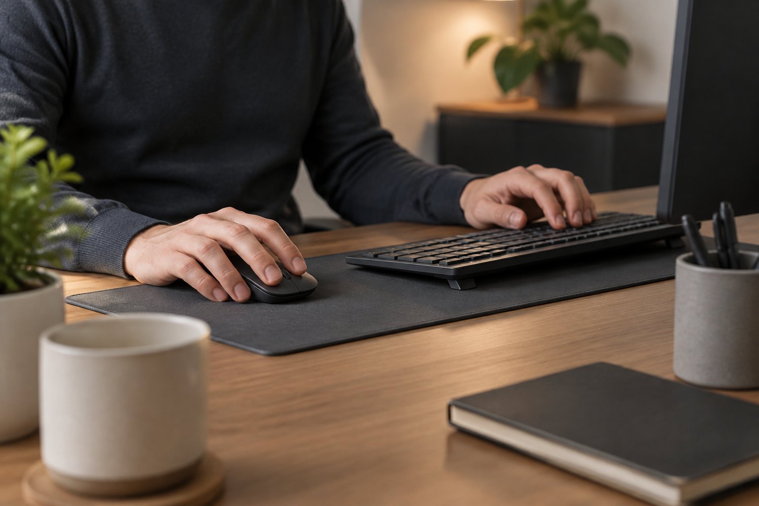 Mains sur le clavier et la souris d’un poste de travail, au moment de relire un message d’erreur