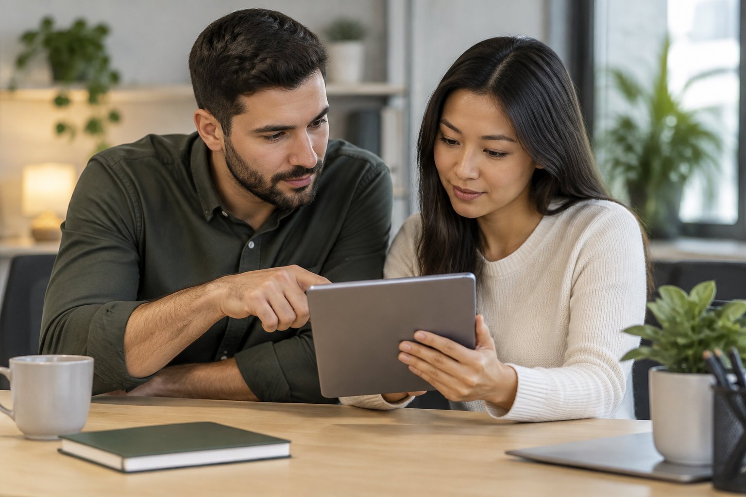 IA pour copywriting : écrire vos textes marketing sans perdre la main 4 Deux collègues relisent ensemble un texte sur une tablette avant sa mise en ligne