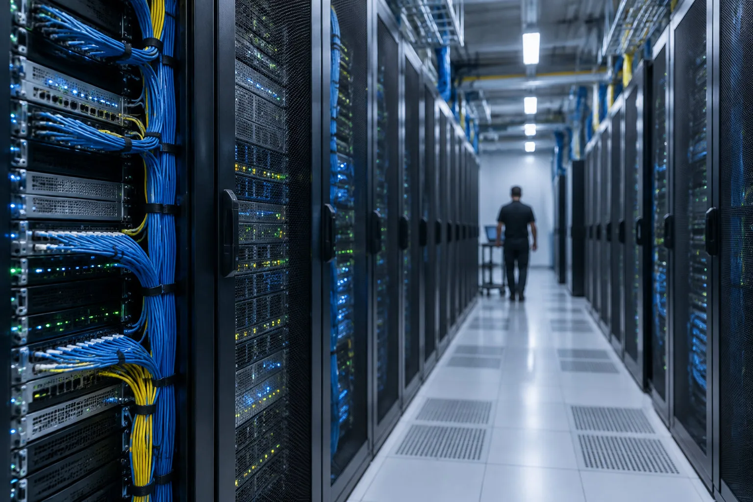 AI Act : ce que le règlement change pour votre entreprise, selon votre rôle 4 Un technicien marche dans une allée de baies de serveurs câblées dans une salle informatique